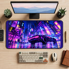 Neon Sports Car in a Cyberpunk City desk mat — product mockup 2