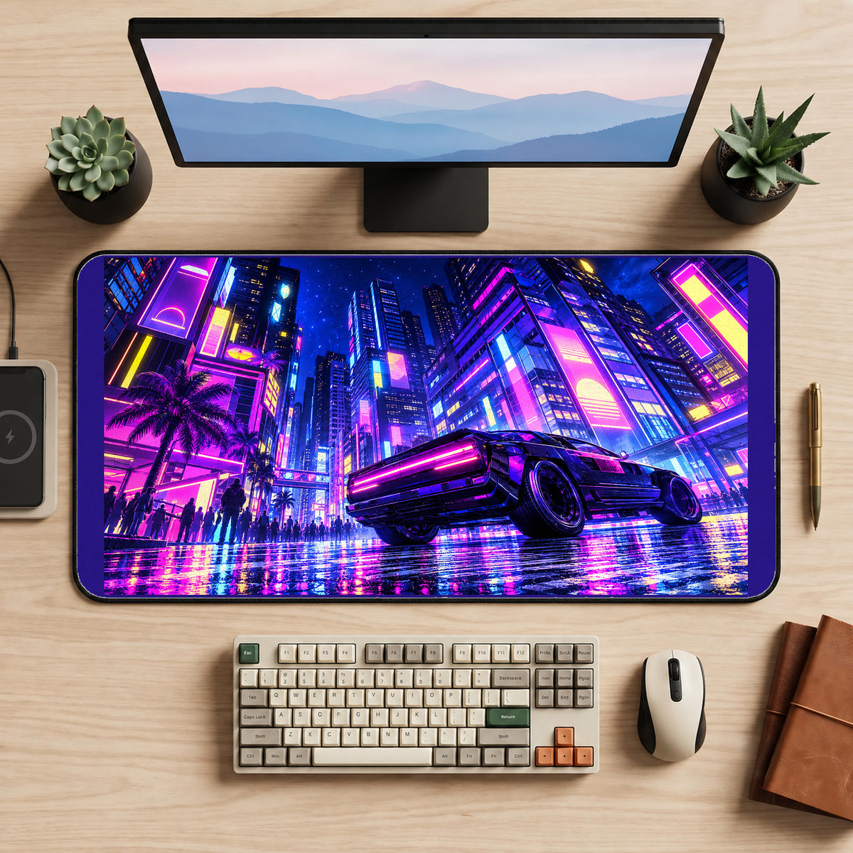Neon Sports Car in a Cyberpunk City desk mat — product mockup 2