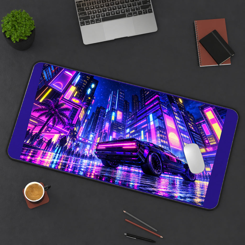 Neon Sports Car in a Cyberpunk City desk mat — product mockup 3