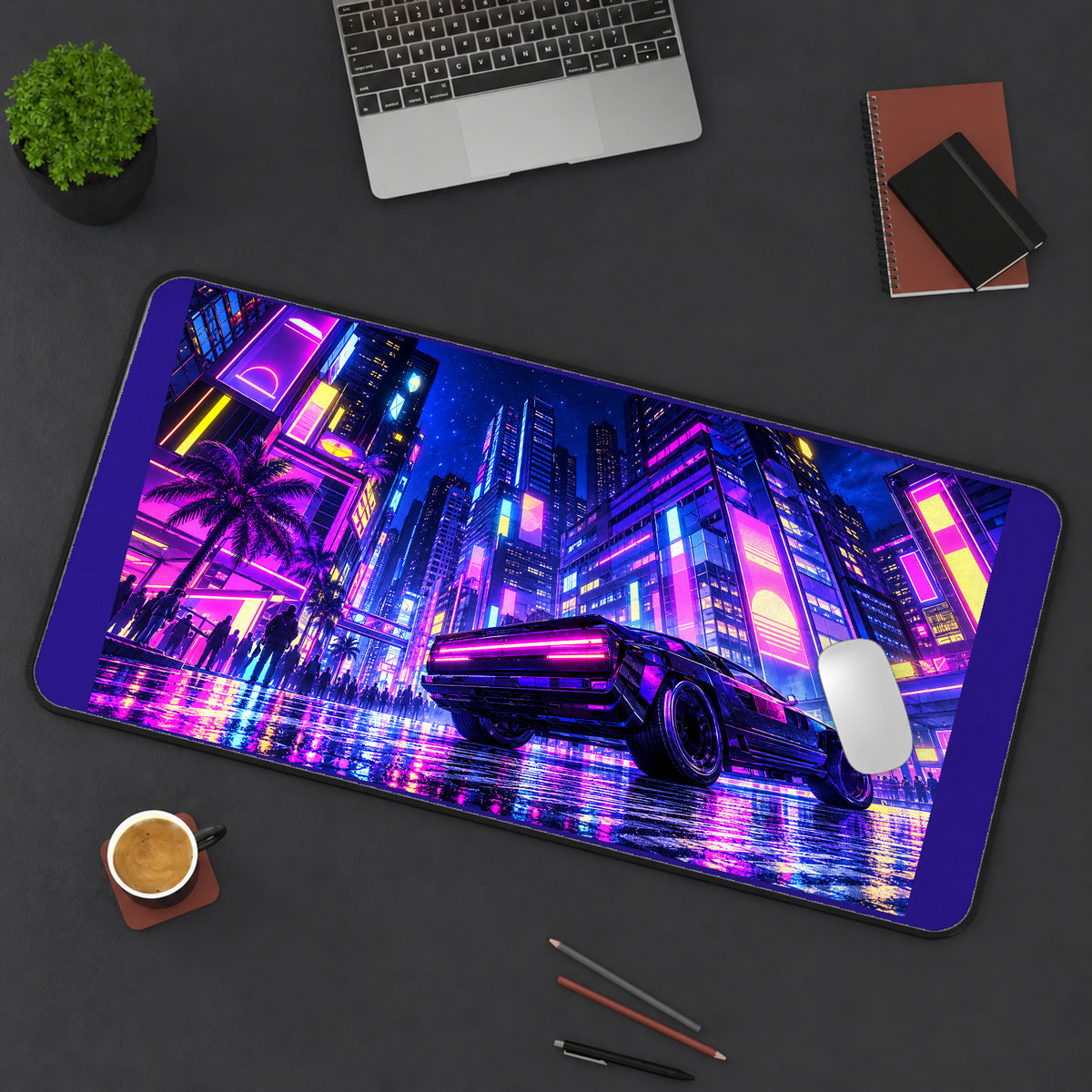 Neon Sports Car in a Cyberpunk City desk mat — product mockup 3