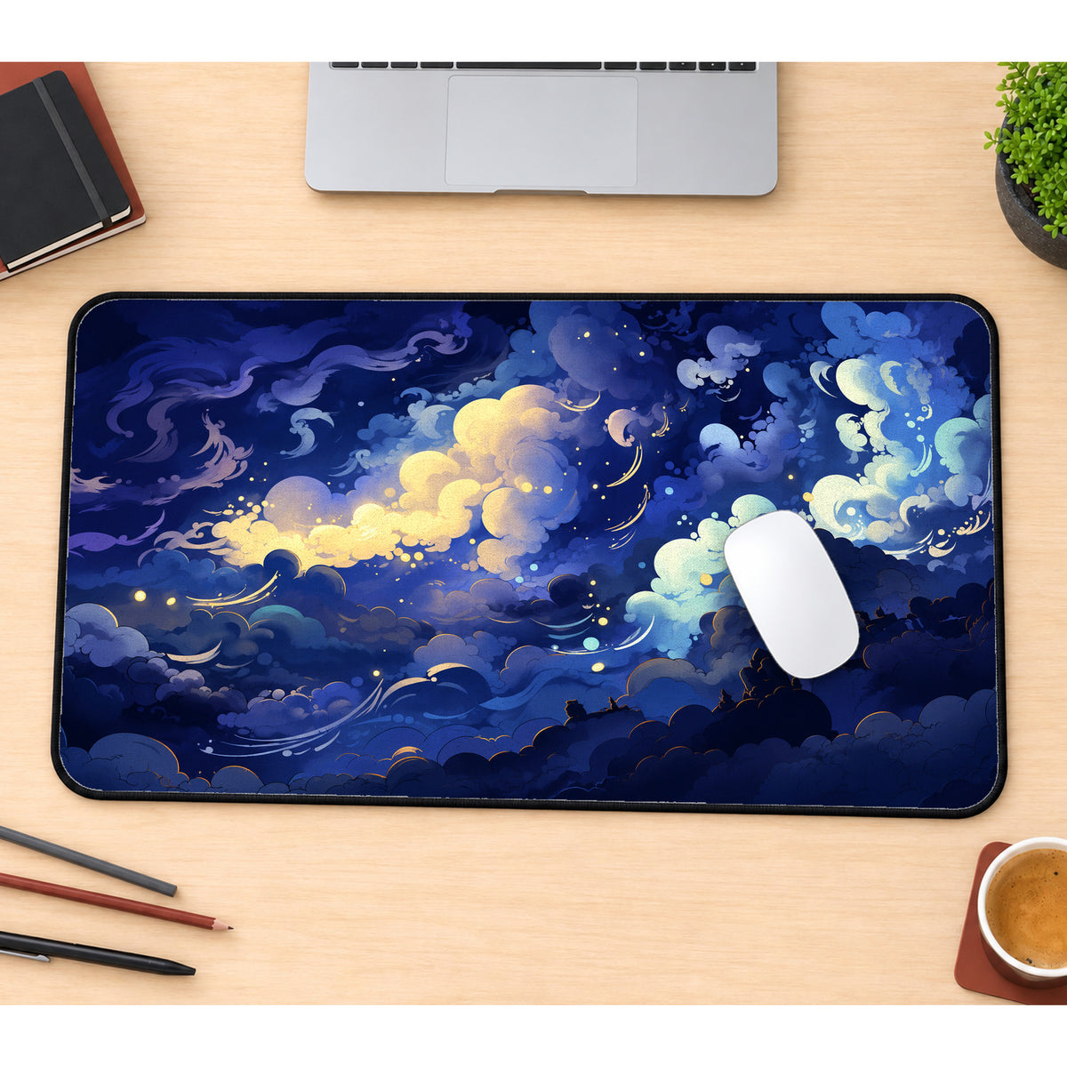 Blue and Gold Night Clouds Desk Mat — product mockup 1