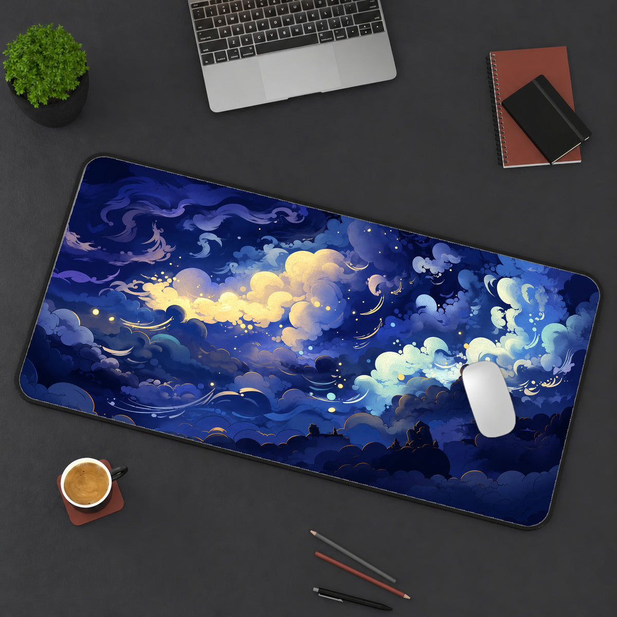 Blue and Gold Night Clouds Desk Mat — product mockup 3