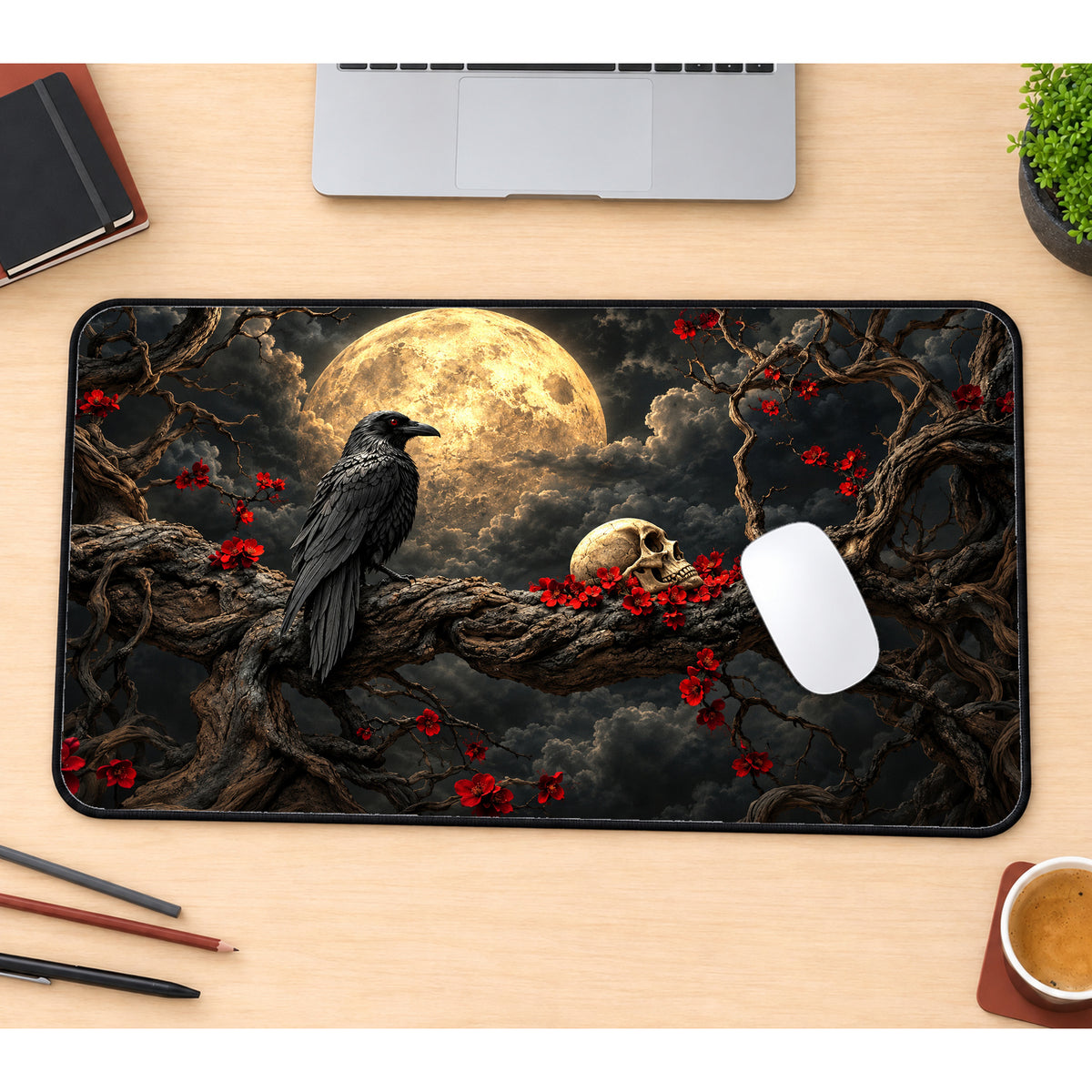 Moonlit Raven and Skull Desk Mat — product mockup 1