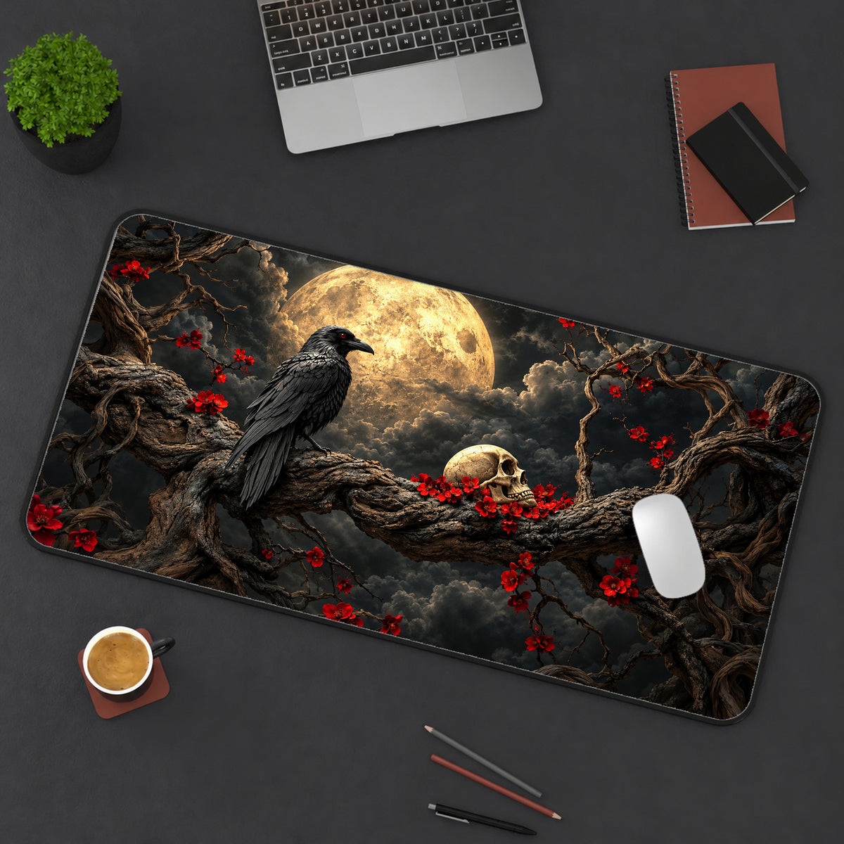 Moonlit Raven and Skull Desk Mat — product mockup 3
