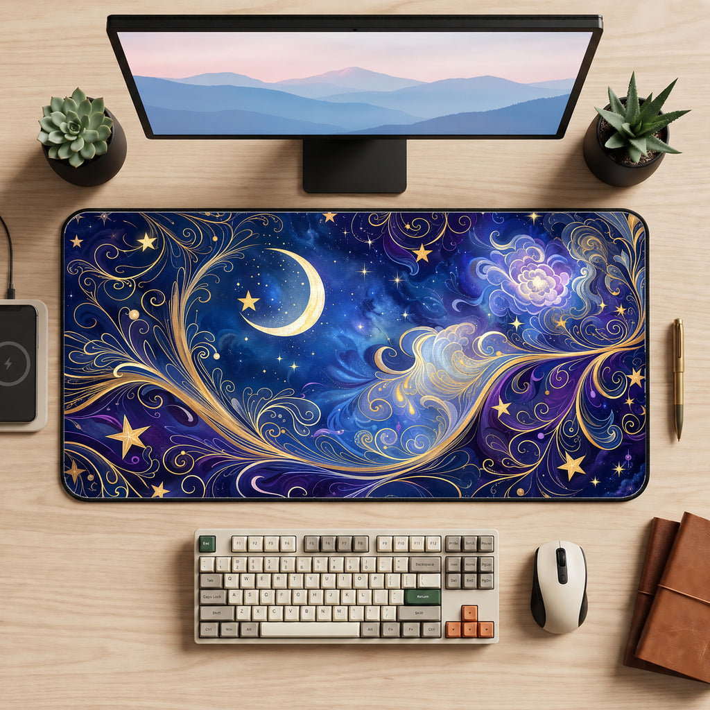 Pastel Celestial Moon and Stars Desk Mat — product mockup 2