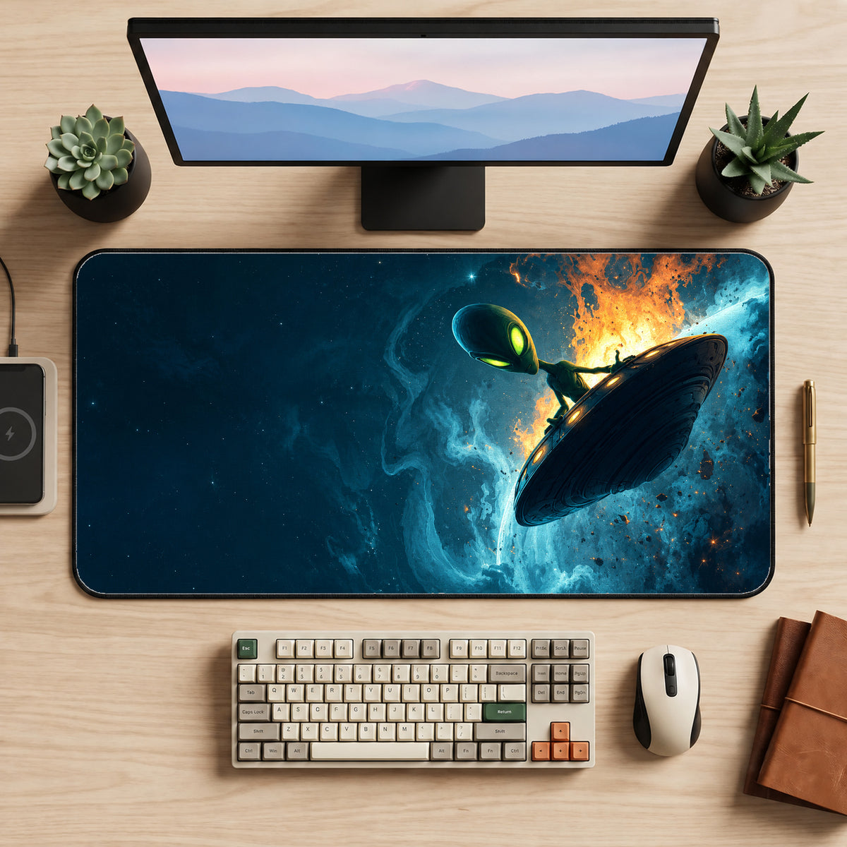 Alien Space Traveler Desk Mat — product mockup 2