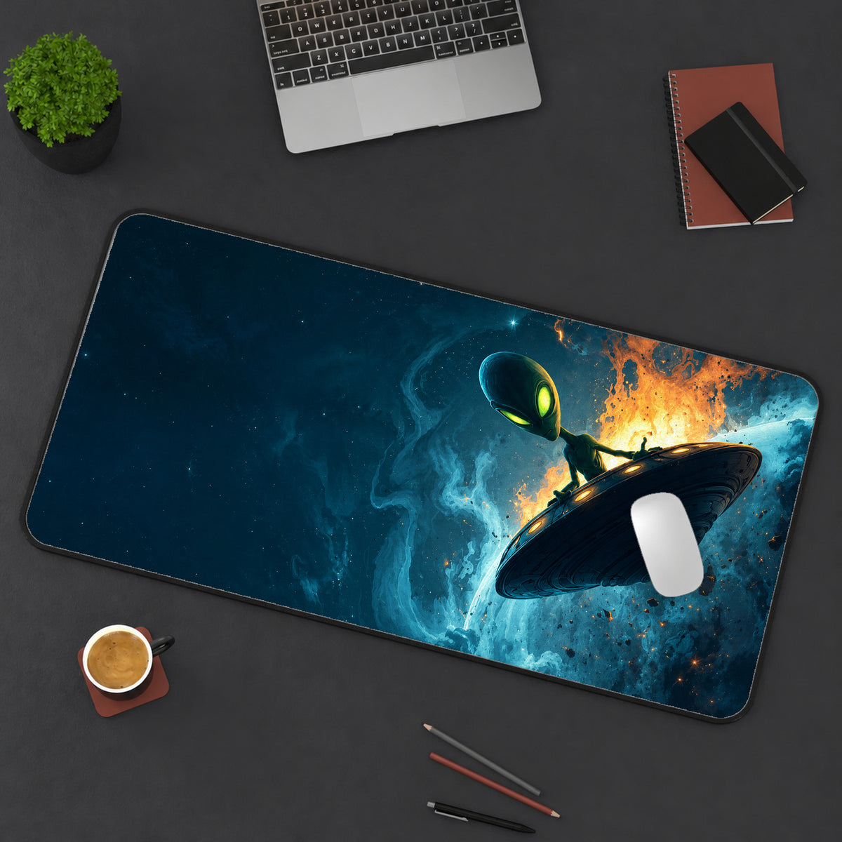 Alien Space Traveler Desk Mat — product mockup 3