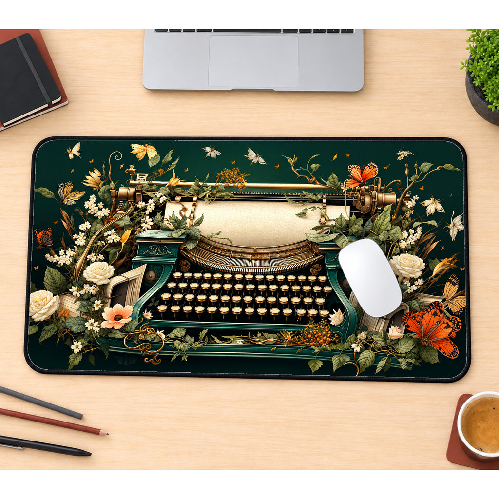 Vintage Typewriter and Flowers Desk Mat — product mockup 1