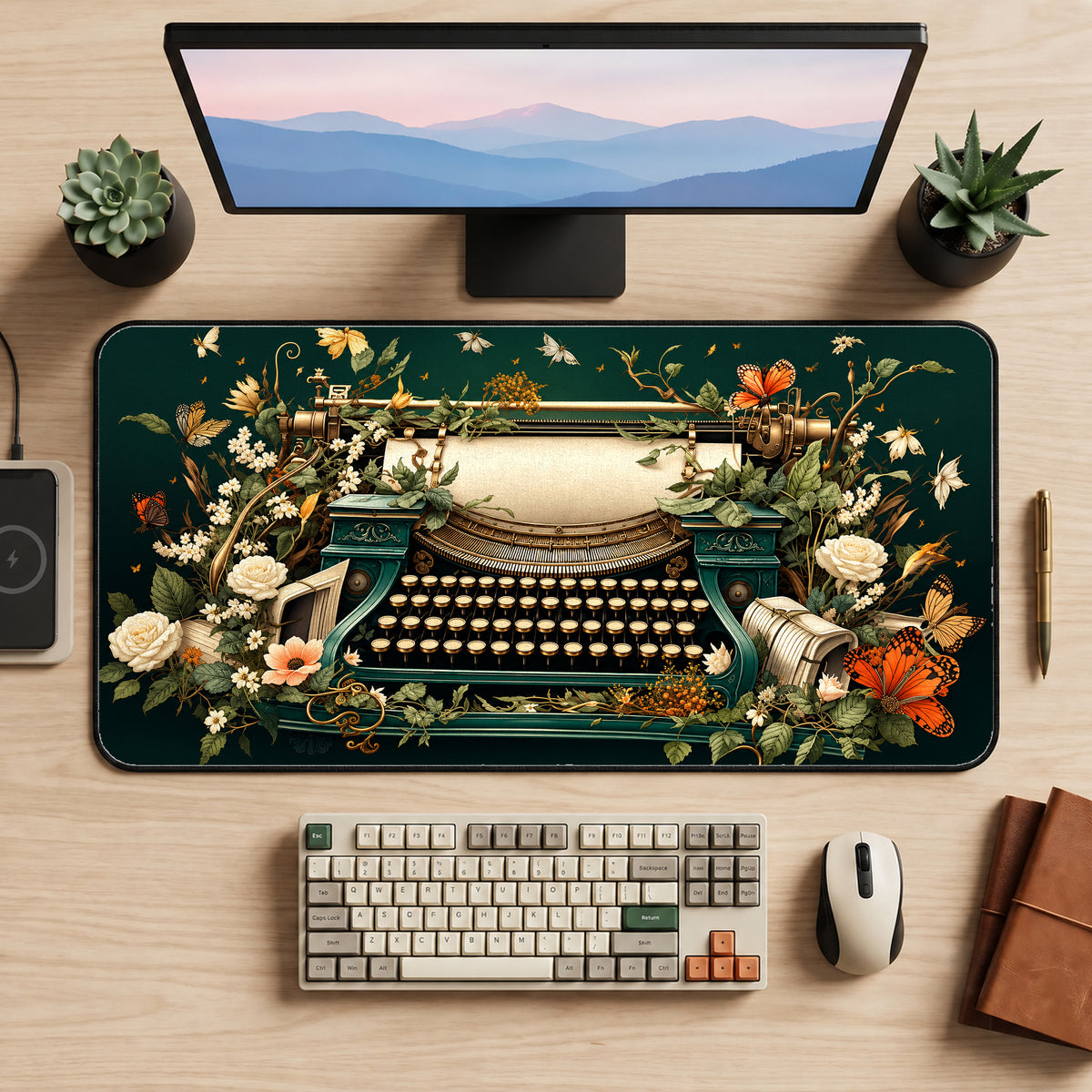 Vintage Typewriter and Flowers Desk Mat — product mockup 2