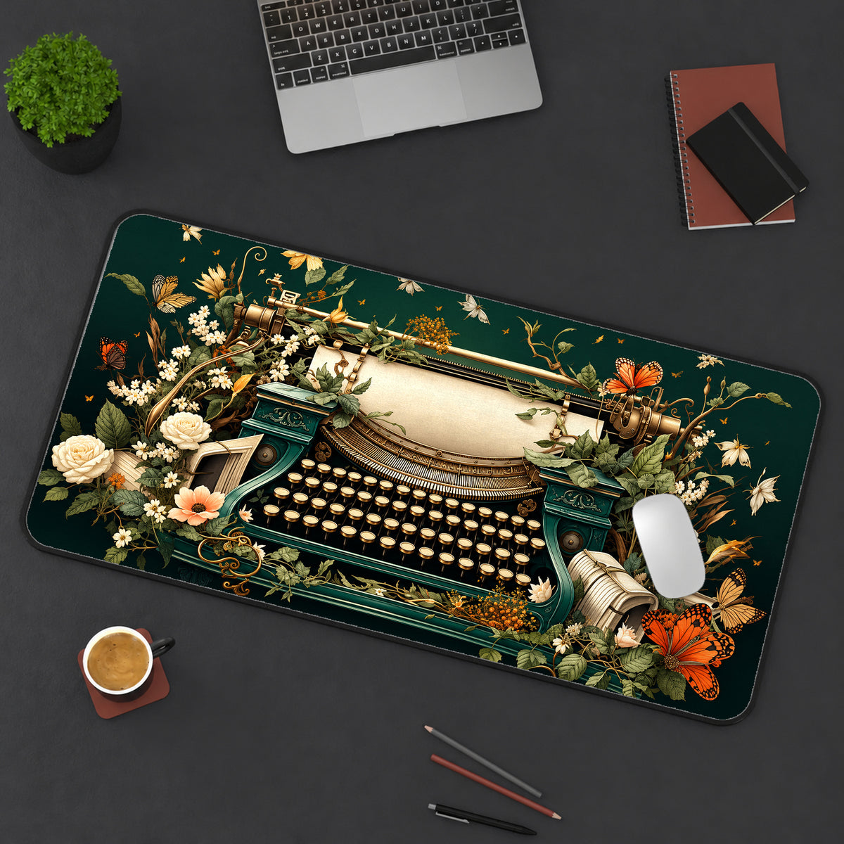 Vintage Typewriter and Flowers Desk Mat — product mockup 3