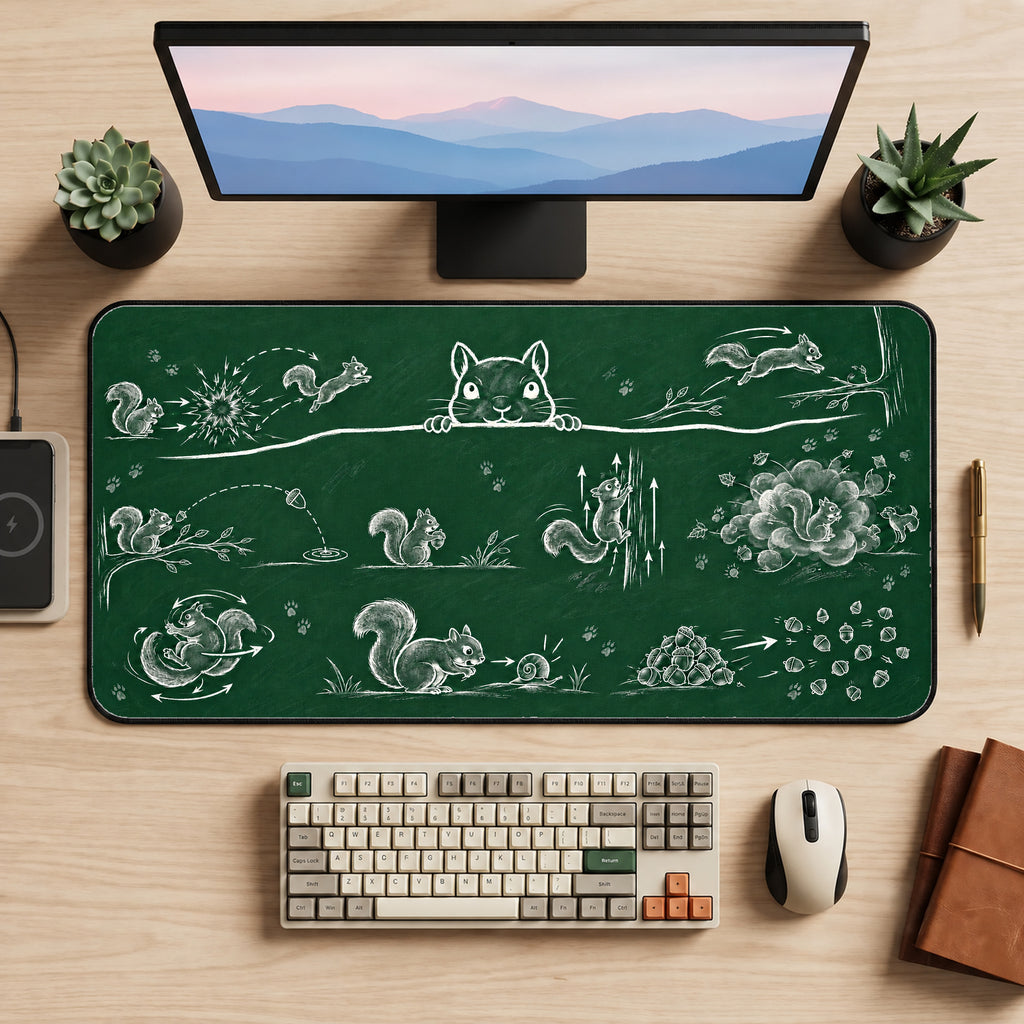 Chalkboard Squirrel Science Desk Mat — product mockup 2
