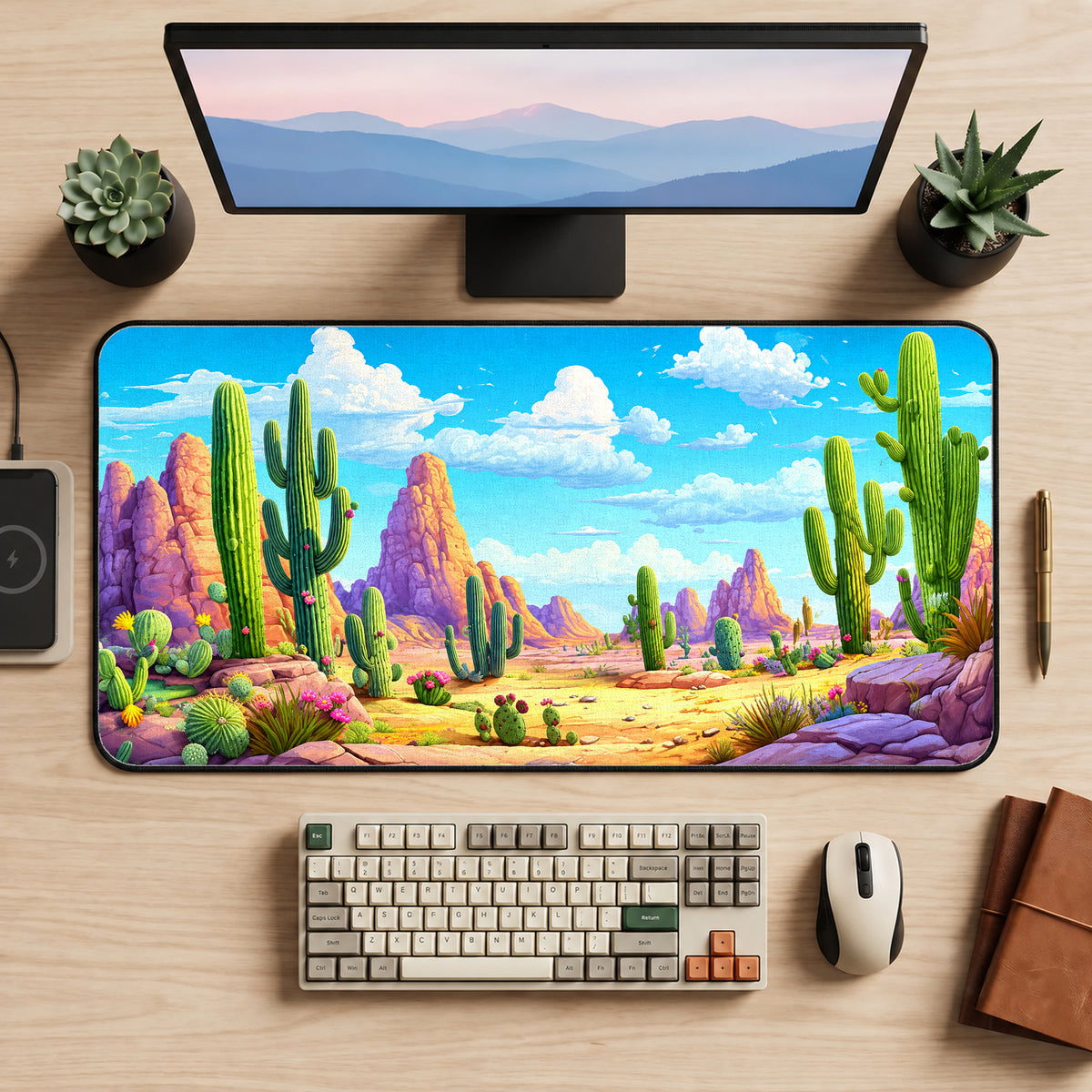 Pastel Desert Cacti Desk Mat — product mockup 2