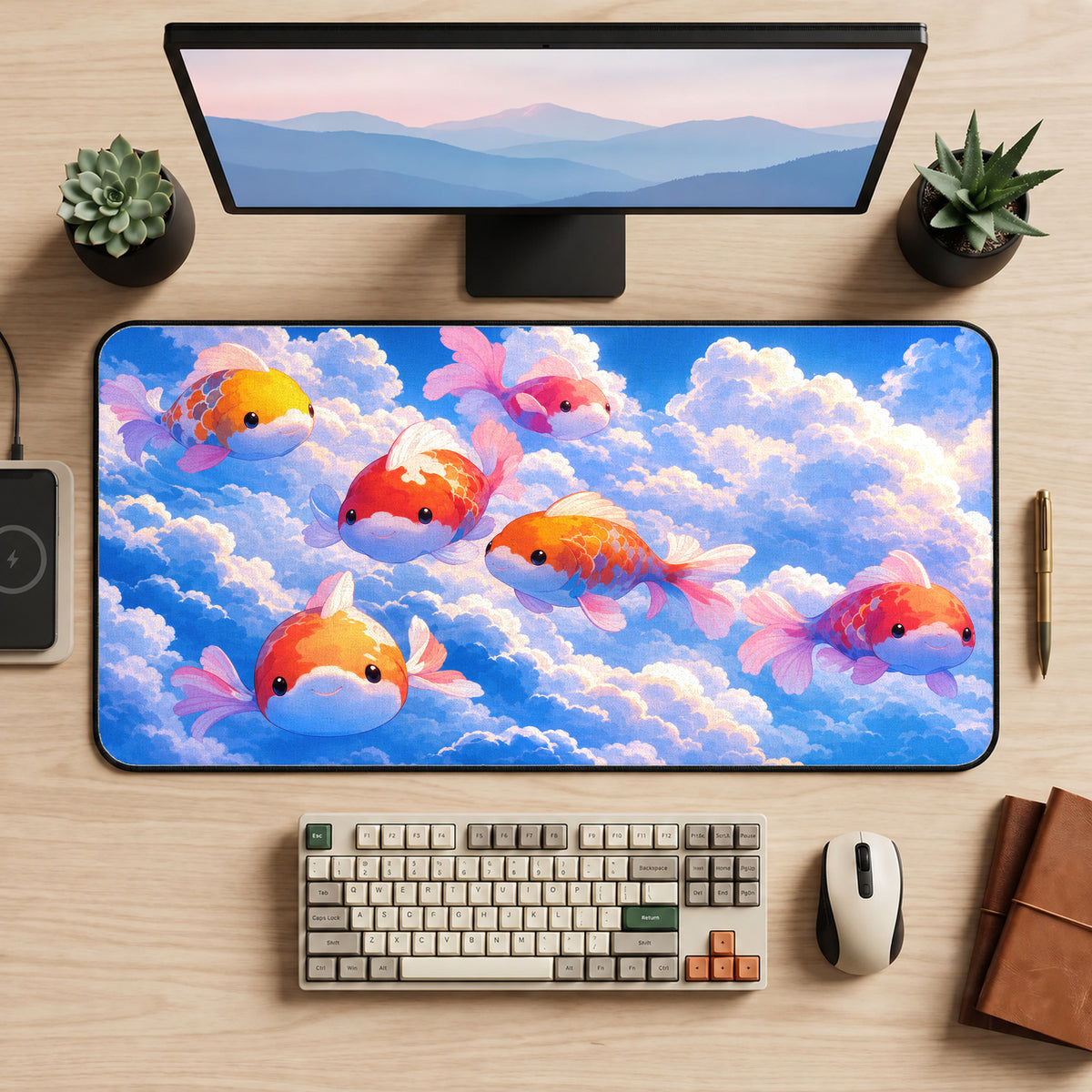 Kawaii Fish in the Clouds Desk Mat — product mockup 2