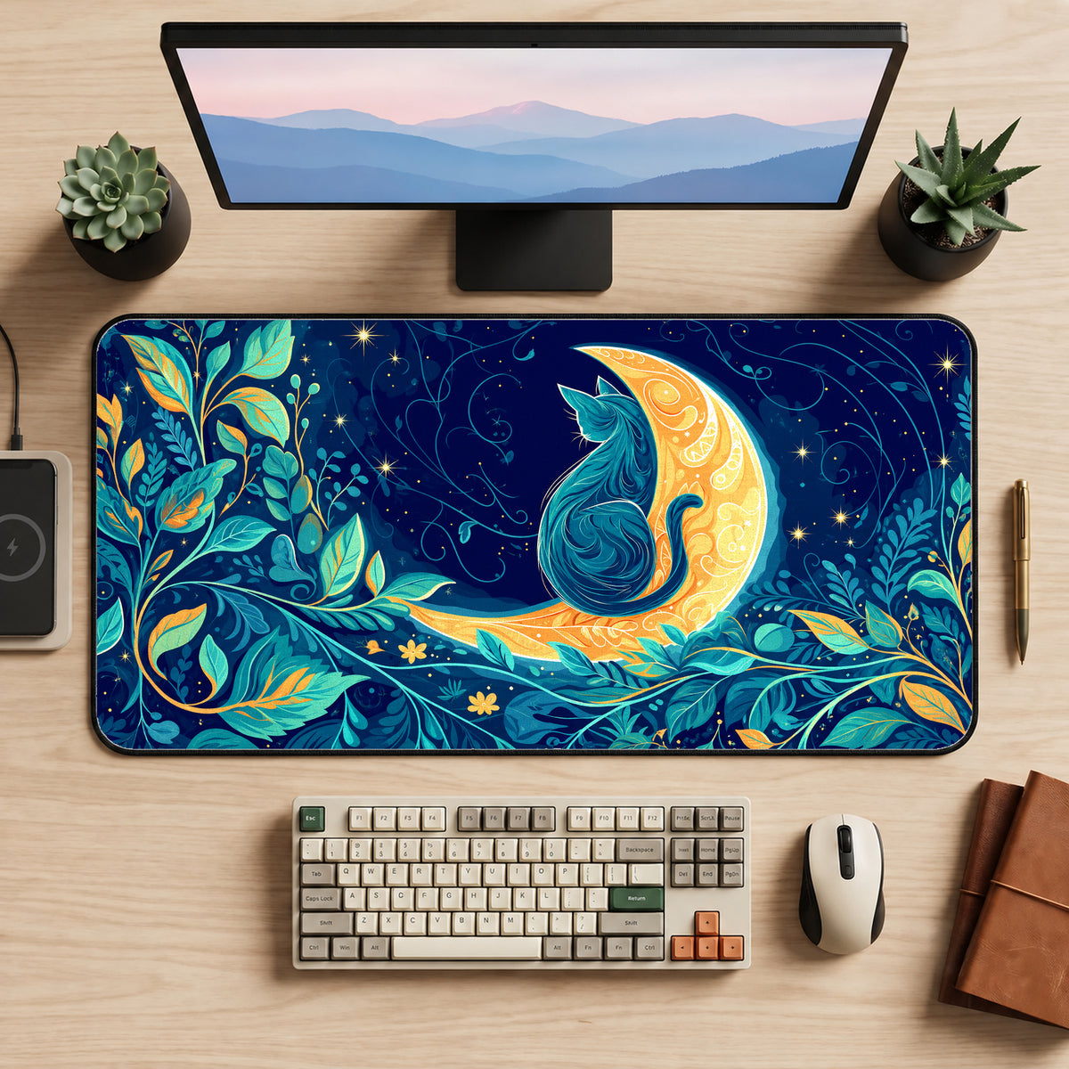 Golden Moon Cat Desk Mat — product mockup 2
