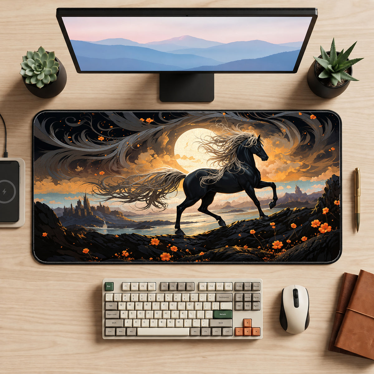 Black Stallion at Sunset Desk Mat — product mockup 2