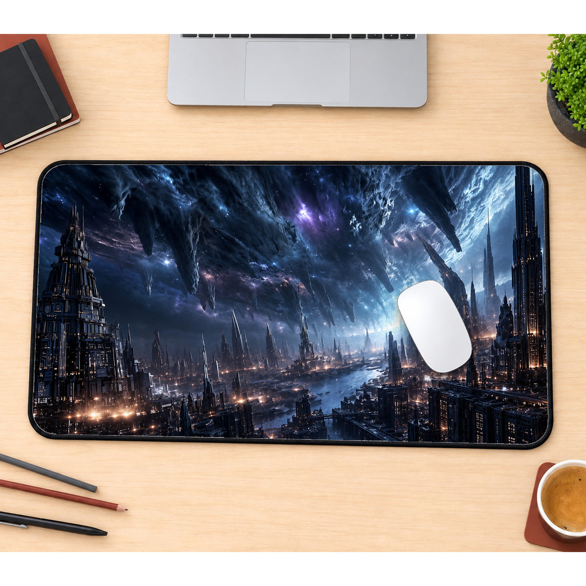 Starlit Futuristic Megacity Desk Mat — product mockup 1