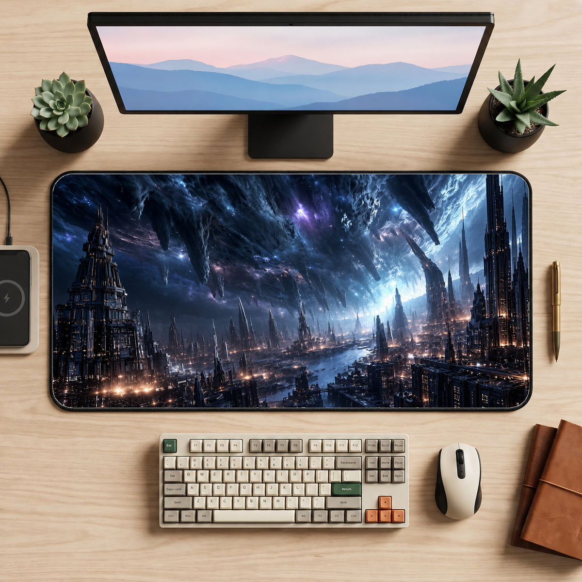 Starlit Futuristic Megacity Desk Mat — product mockup 2