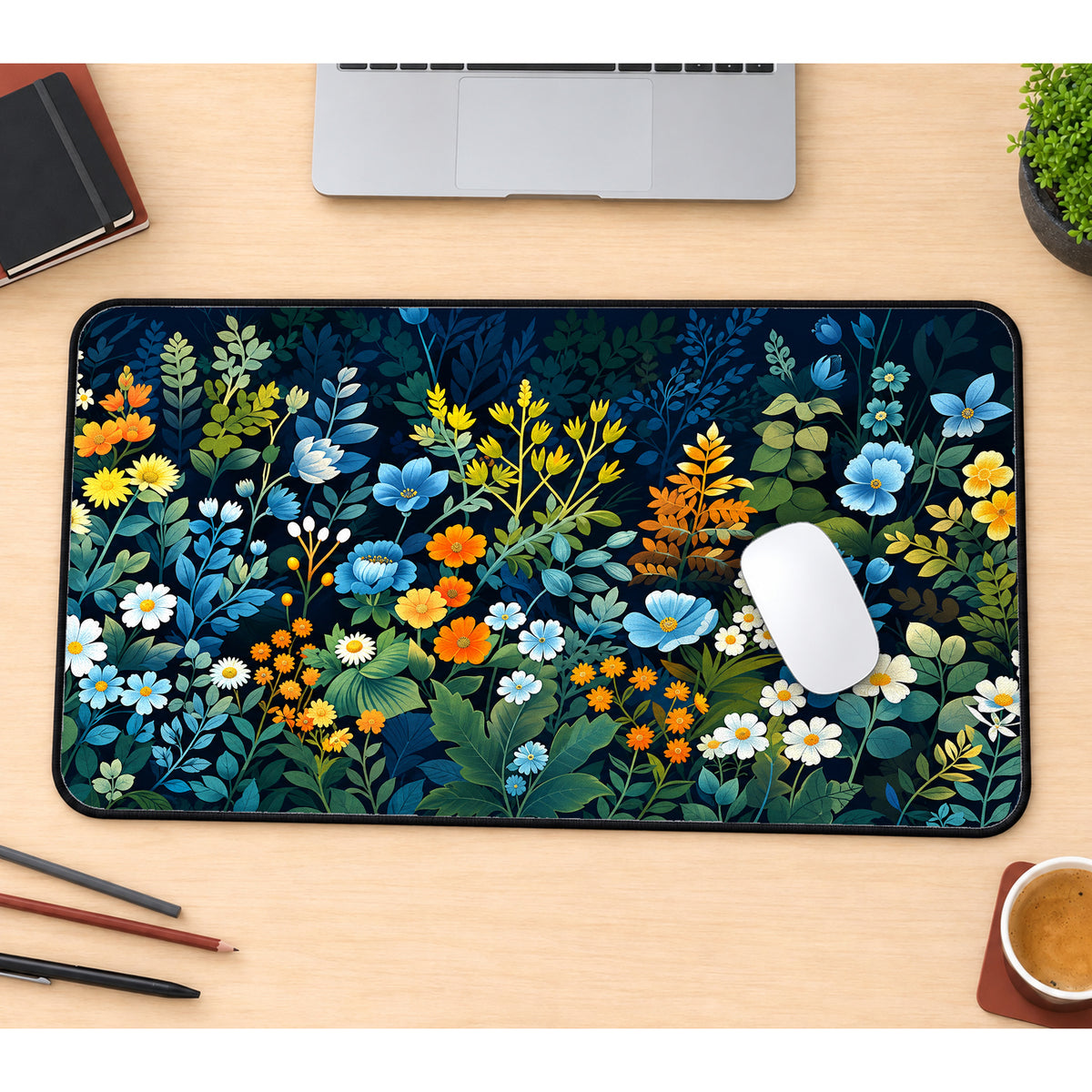 Meadow Flowers on Navy Desk Mat — product mockup 1