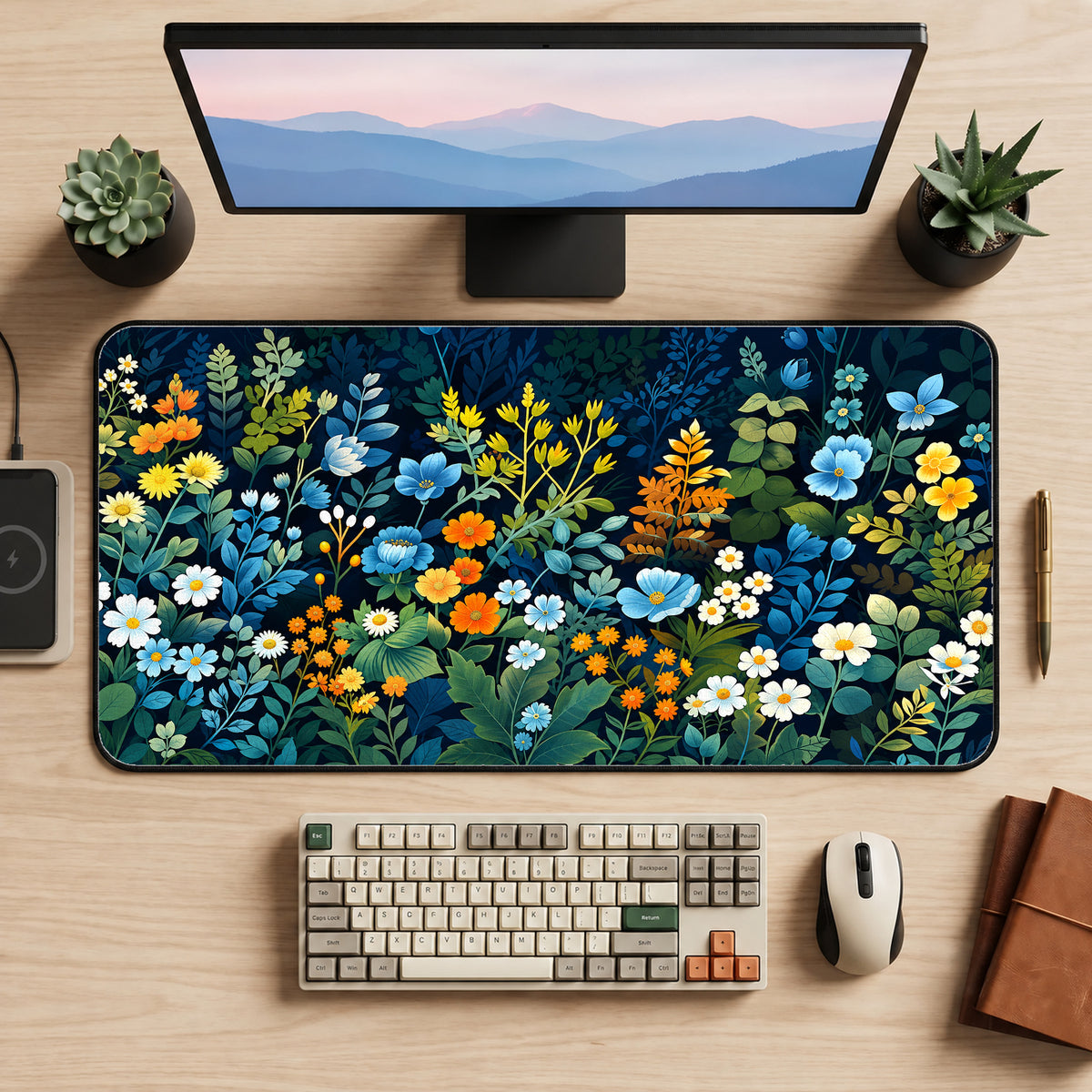 Meadow Flowers on Navy Desk Mat — product mockup 2