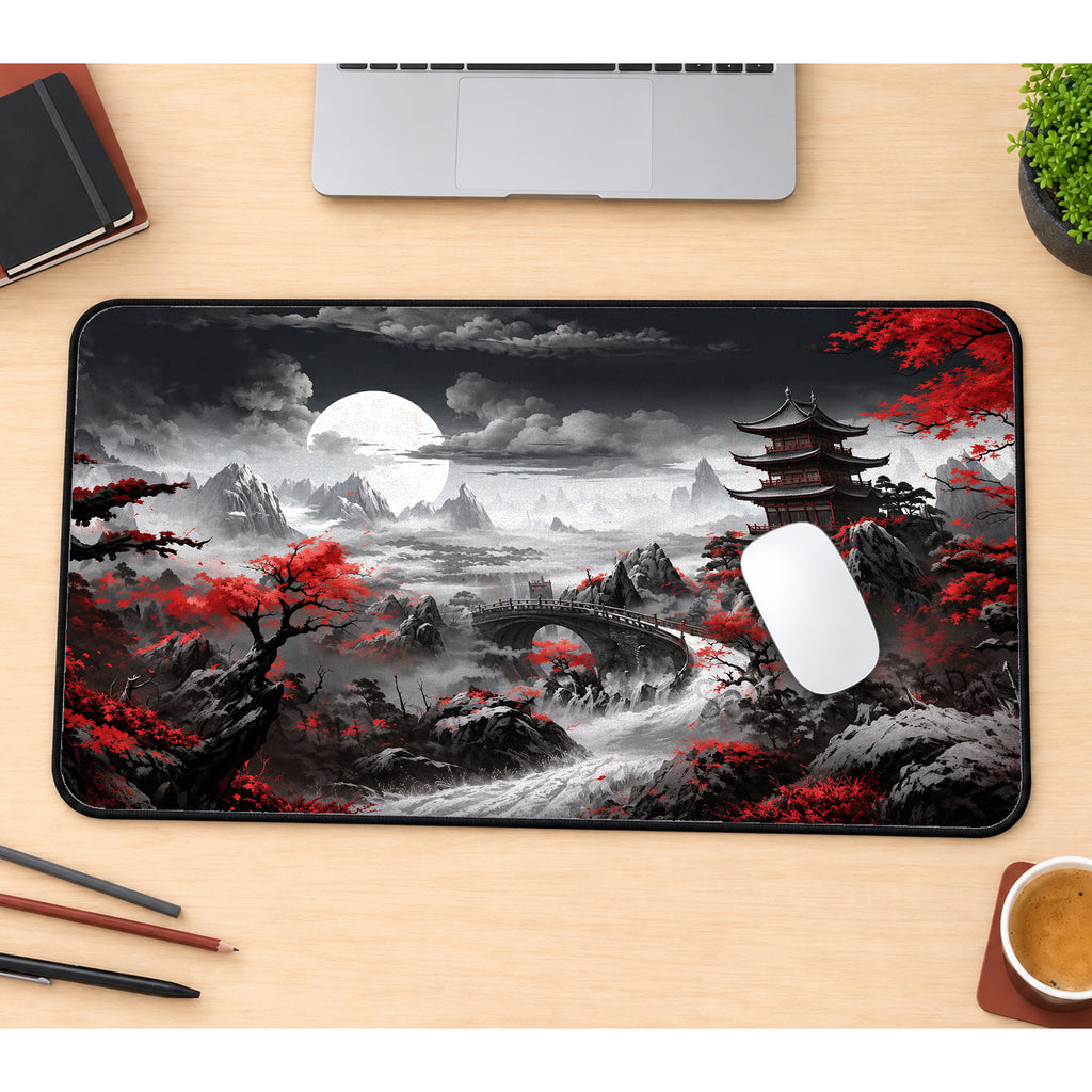 Red Sakura Mountain River Desk Mat — product mockup 1