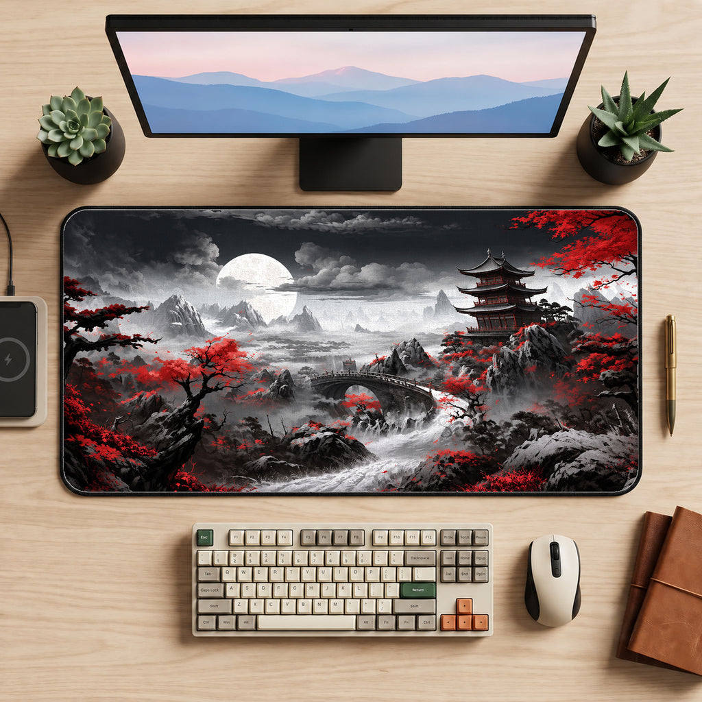 Red Sakura Mountain River Desk Mat — product mockup 2