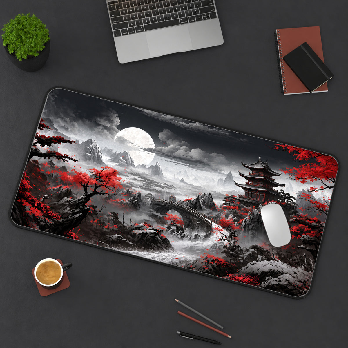 Red Sakura Mountain River Desk Mat — product mockup 3