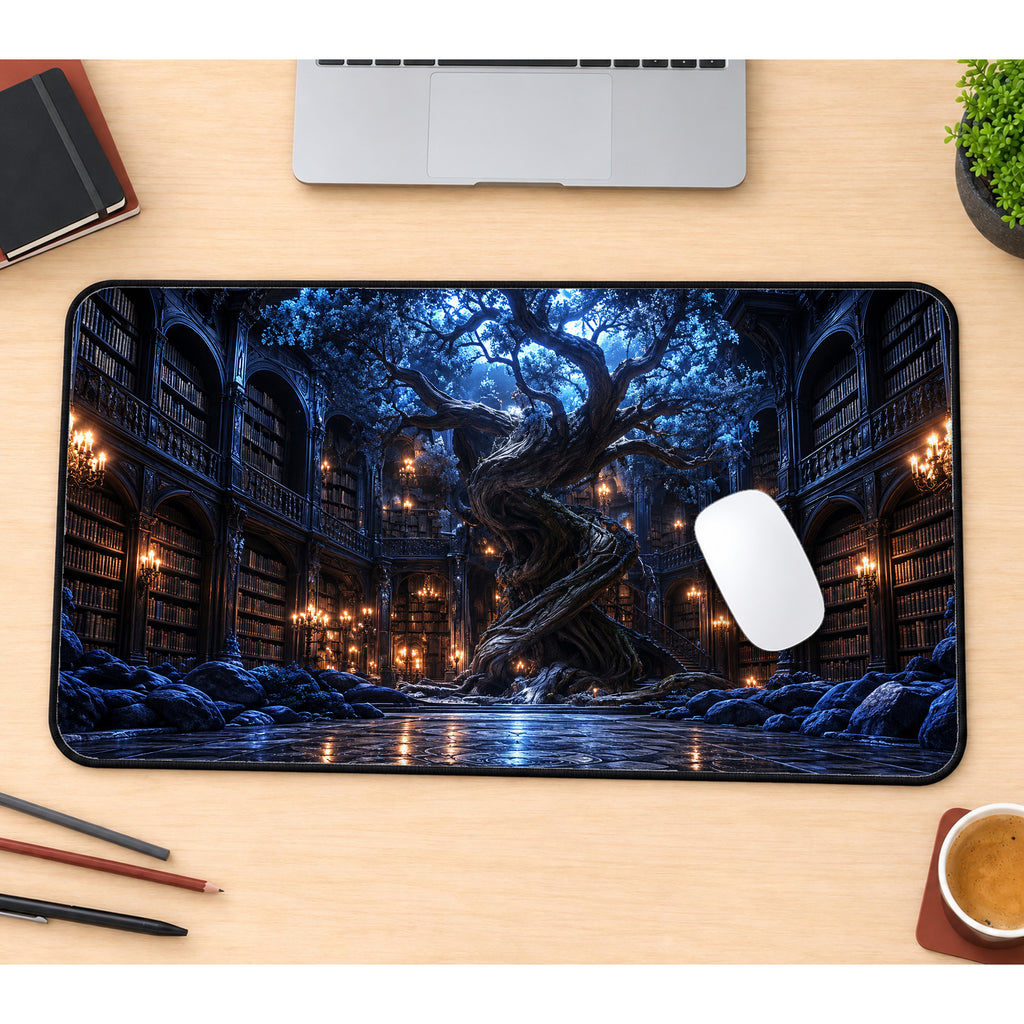 Ancient Moonlit Library Desk Mat — product mockup 1