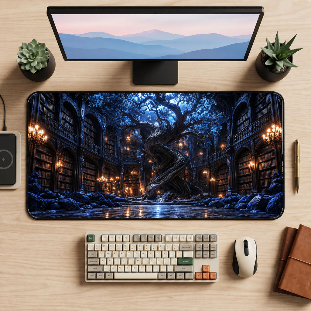 Ancient Moonlit Library Desk Mat — product mockup 2