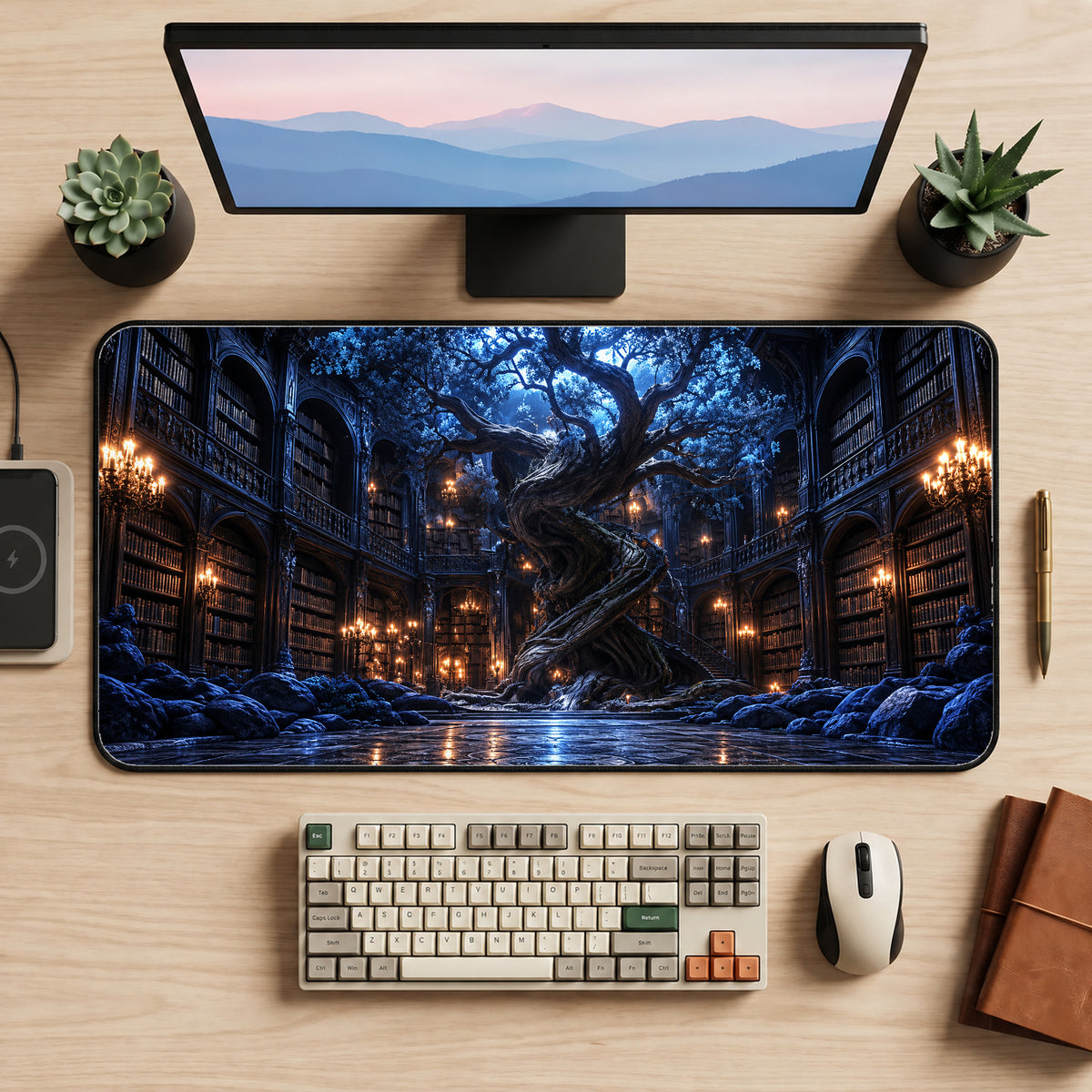 Ancient Moonlit Library Desk Mat — product mockup 2