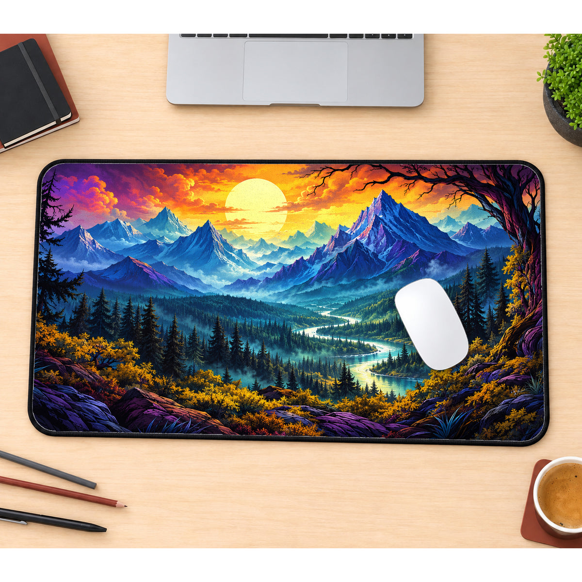 Mountains Beneath a Golden Sun Desk Mat — product mockup 1