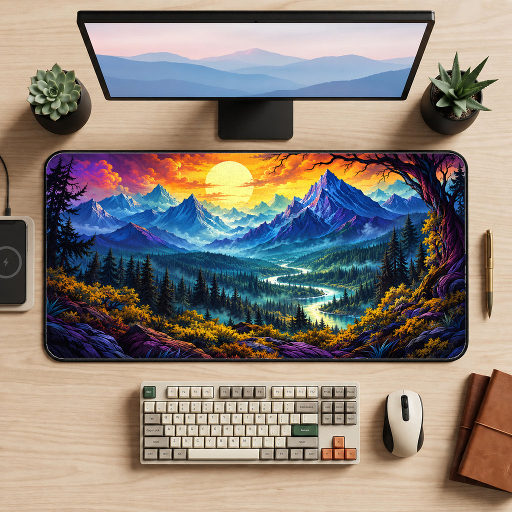 Mountains Beneath a Golden Sun Desk Mat — product mockup 2