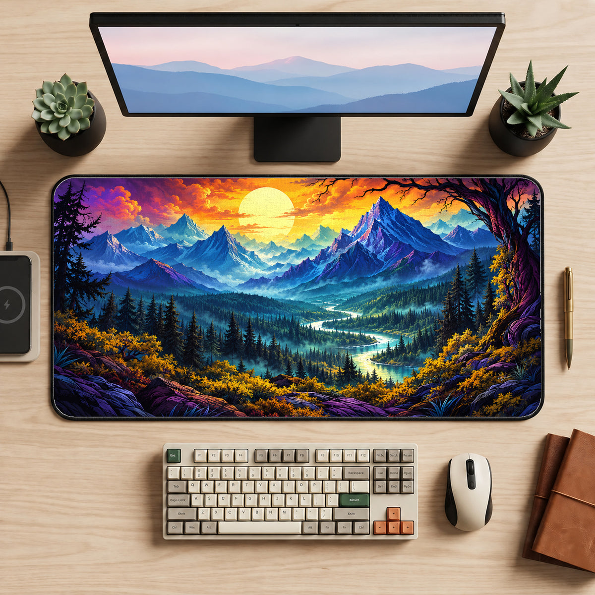 Mountains Beneath a Golden Sun Desk Mat — product mockup 2