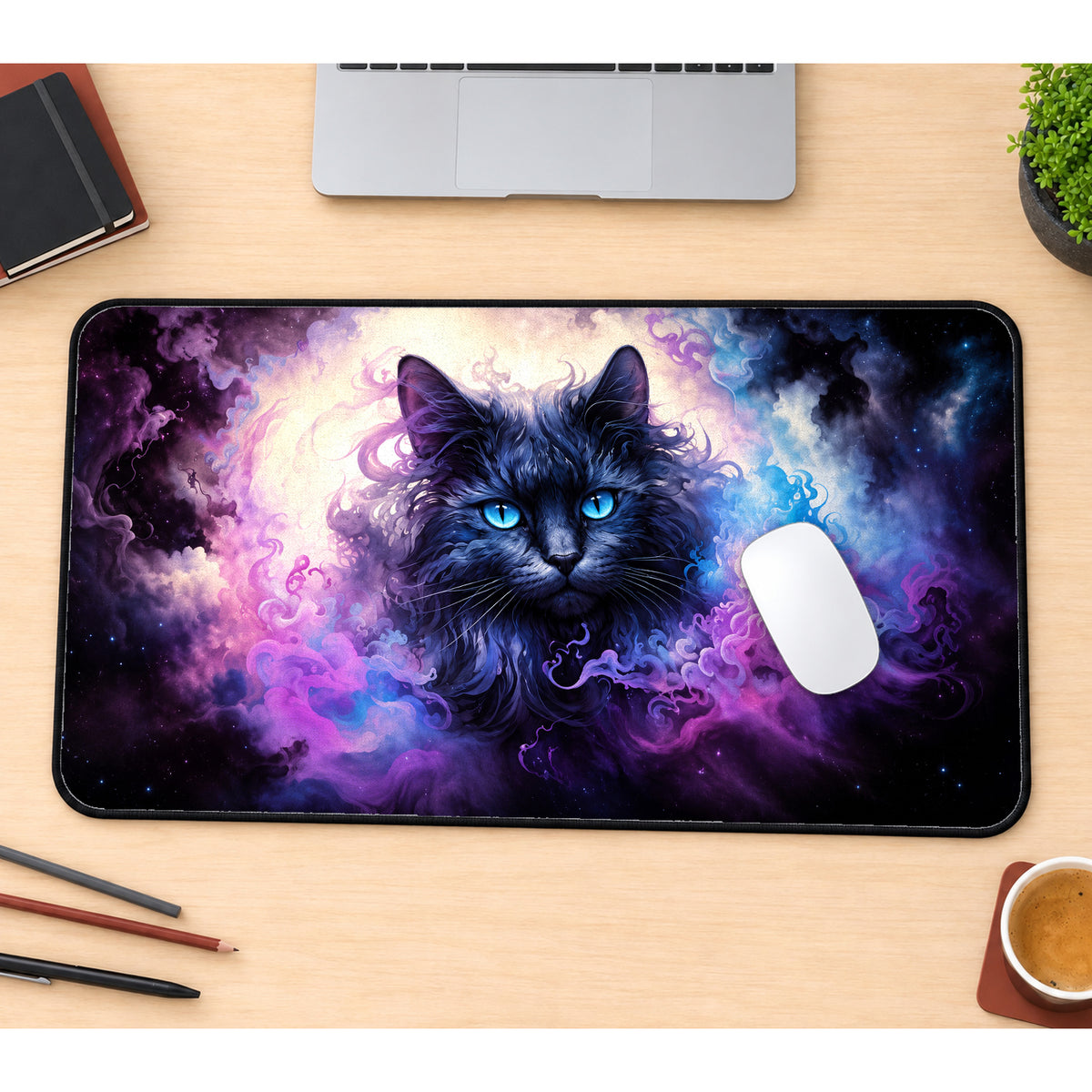 Blue-Eyed Cosmic Black Cat Desk Mat — product mockup 1