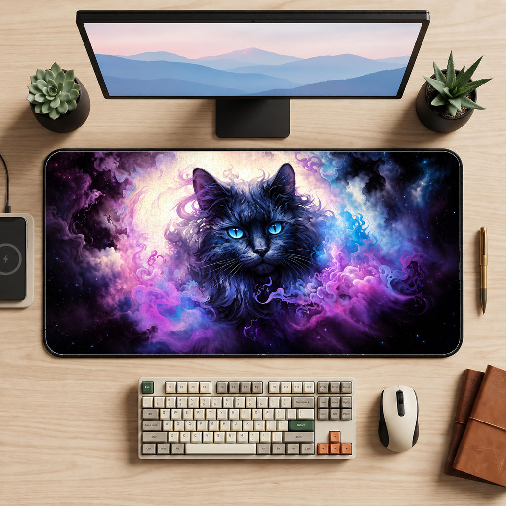 Blue-Eyed Cosmic Black Cat Desk Mat — product mockup 2