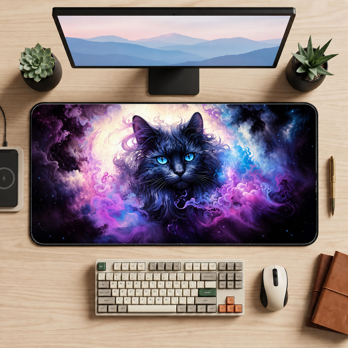 Blue-Eyed Cosmic Black Cat Desk Mat — product mockup 2