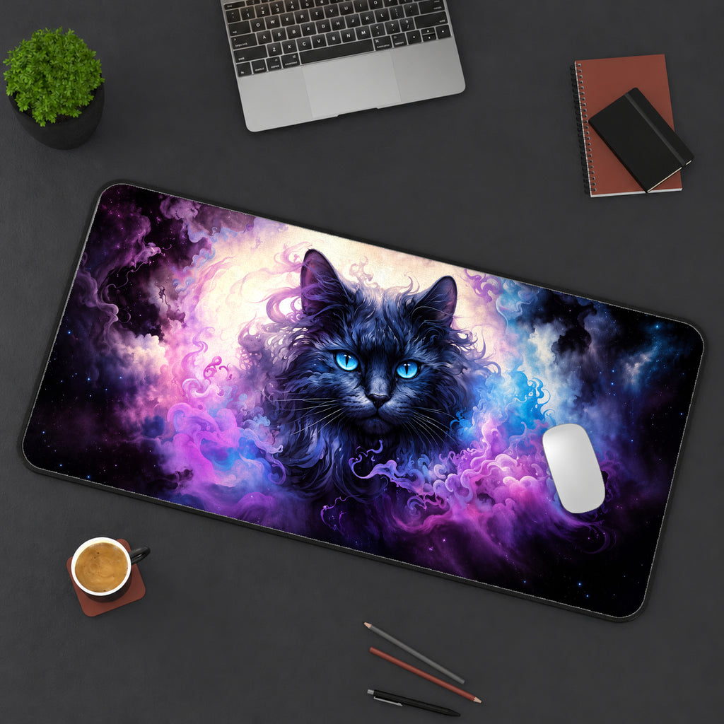 Blue-Eyed Cosmic Black Cat Desk Mat — product mockup 3