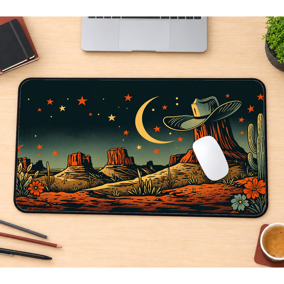 Desert Moon and Cowboy Hat Desk Mat — product mockup 1