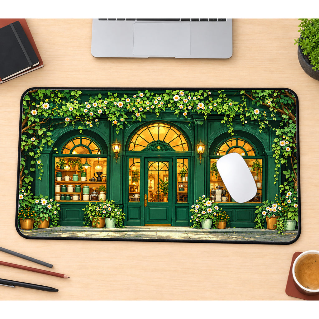 Green Cottage Cafe Desk Mat — product mockup 1