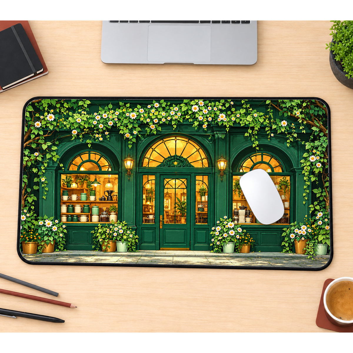 Green Cottage Cafe Desk Mat — product mockup 1