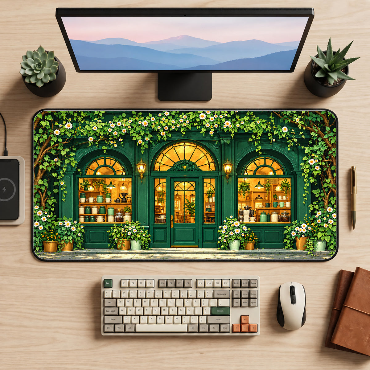 Green Cottage Cafe Desk Mat — product mockup 2
