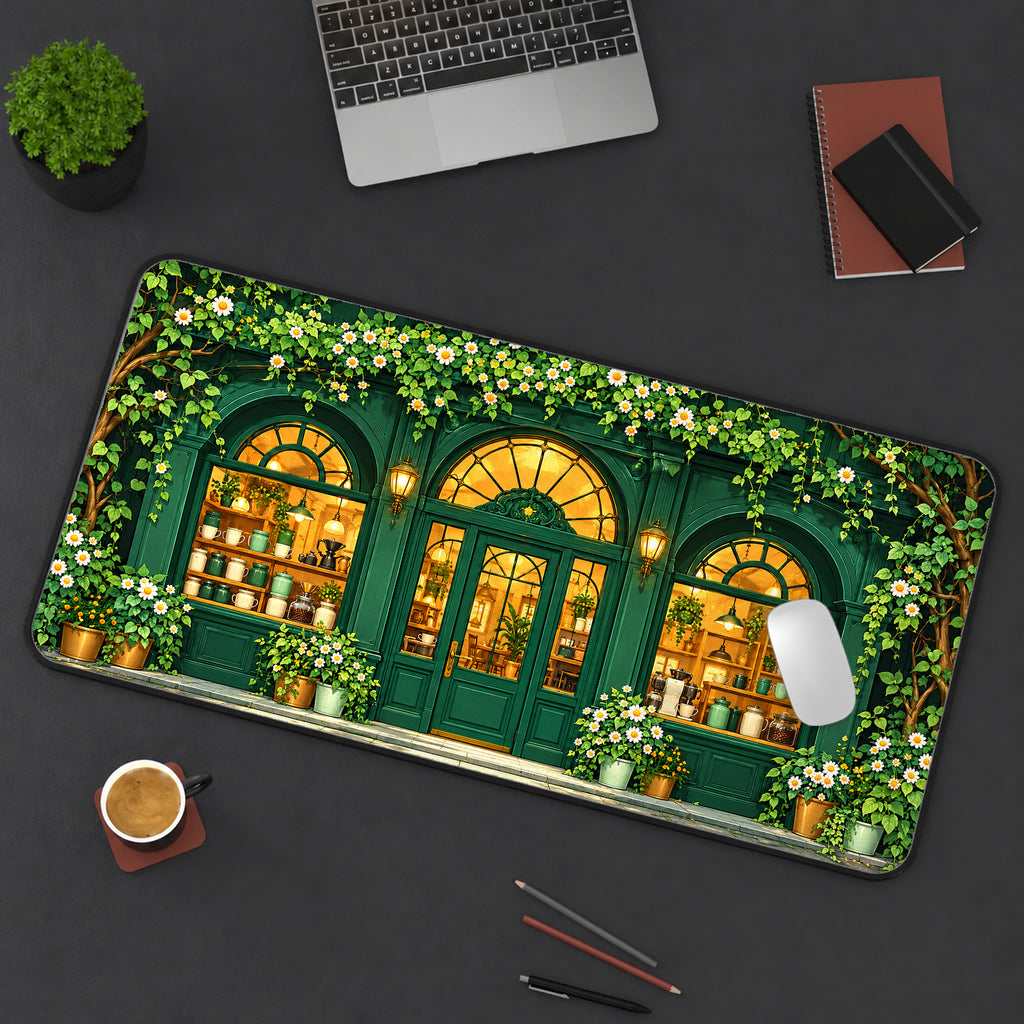 Green Cottage Cafe Desk Mat — product mockup 3