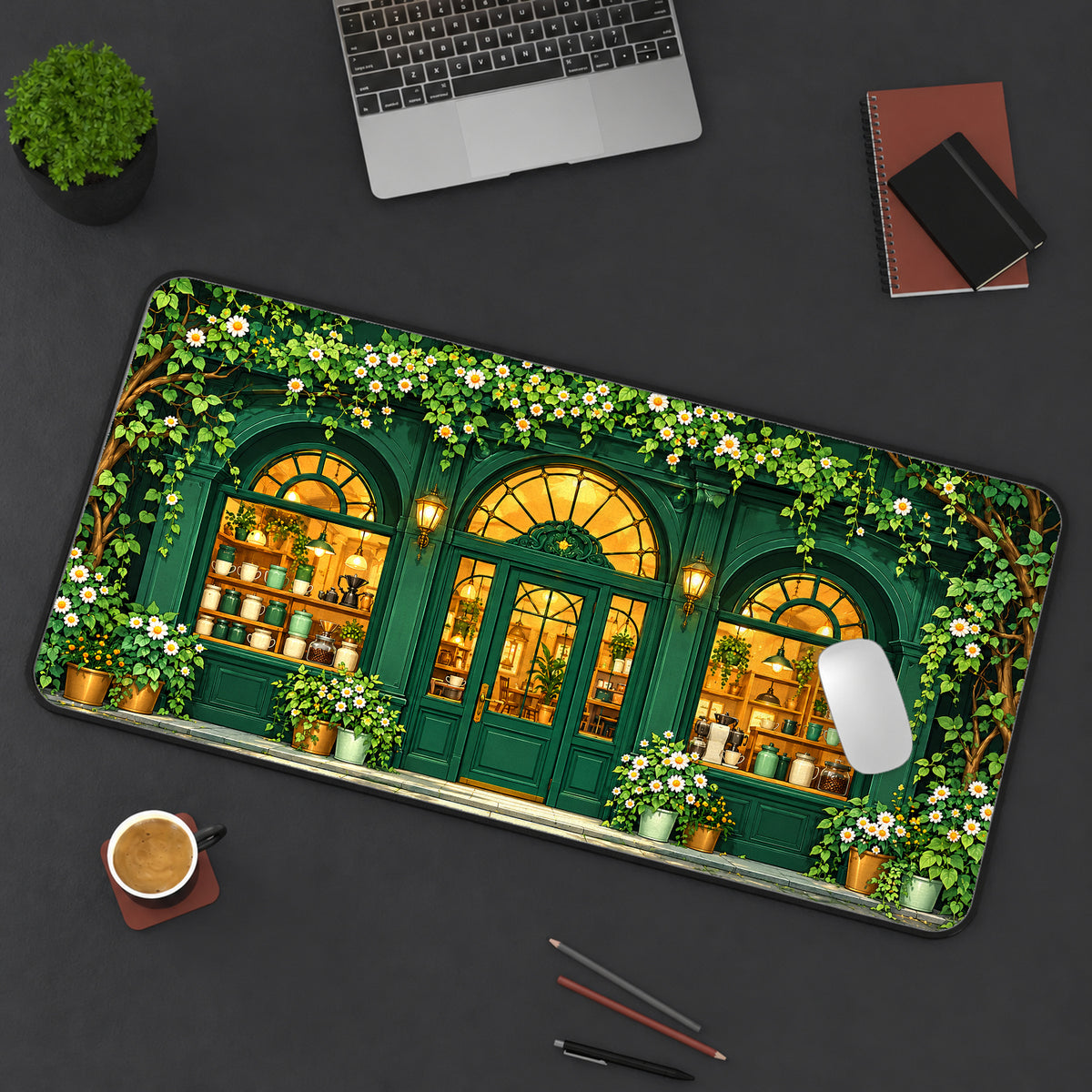 Green Cottage Cafe Desk Mat — product mockup 3