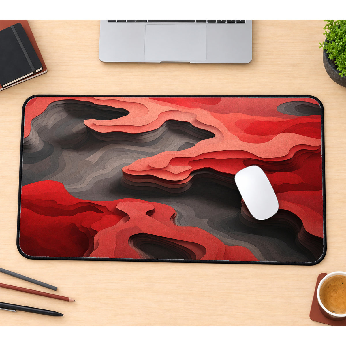 Red and Gray Topographic Layers Desk Mat — product mockup 1