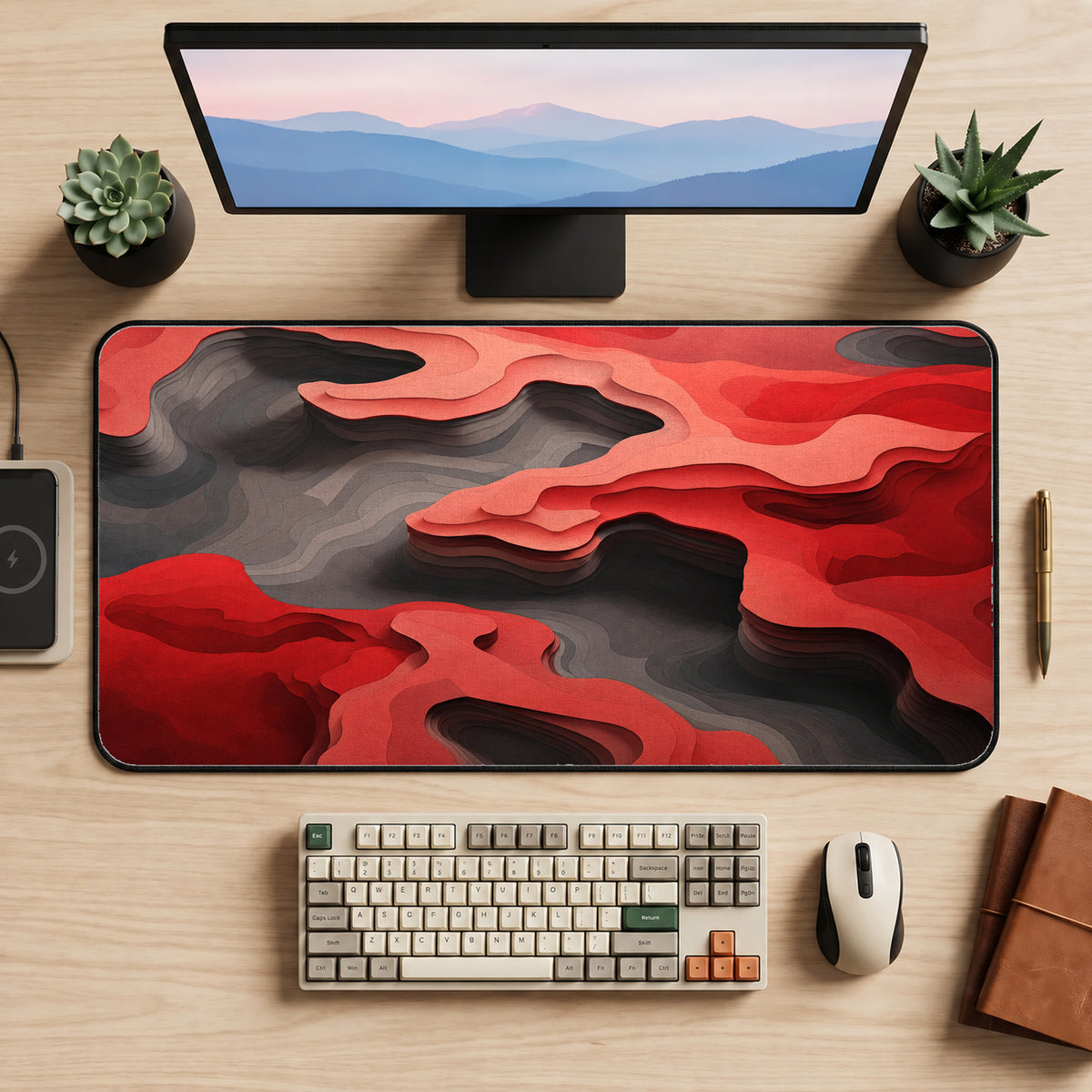 Red and Gray Topographic Layers Desk Mat — product mockup 2