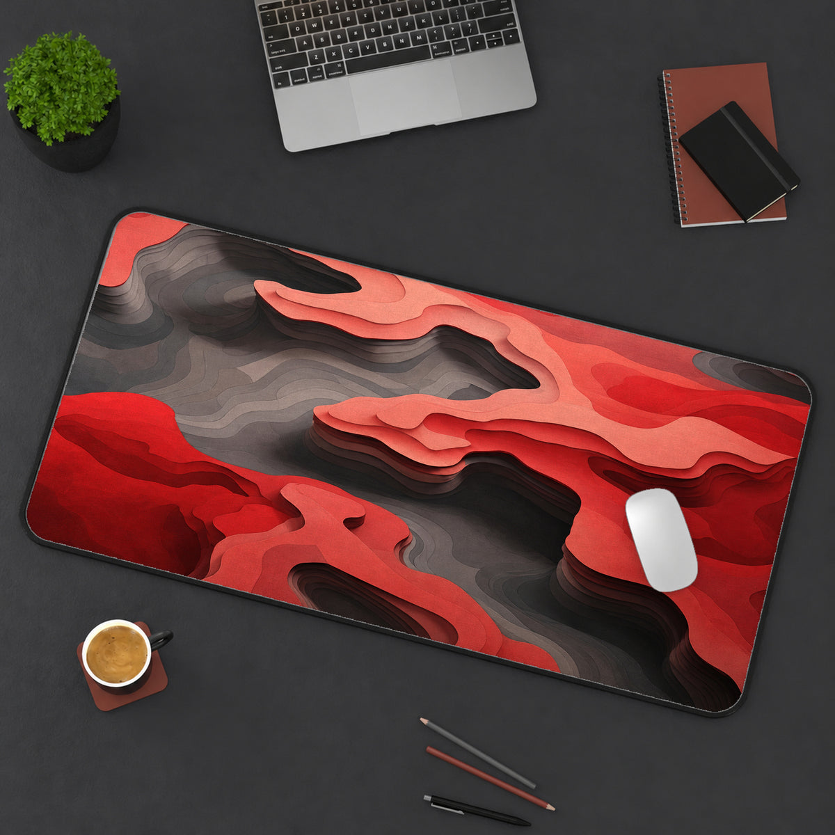 Red and Gray Topographic Layers Desk Mat — product mockup 3