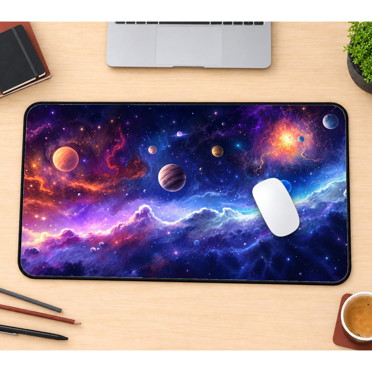 Colorful Cosmic Planets Desk Mat — product mockup 1