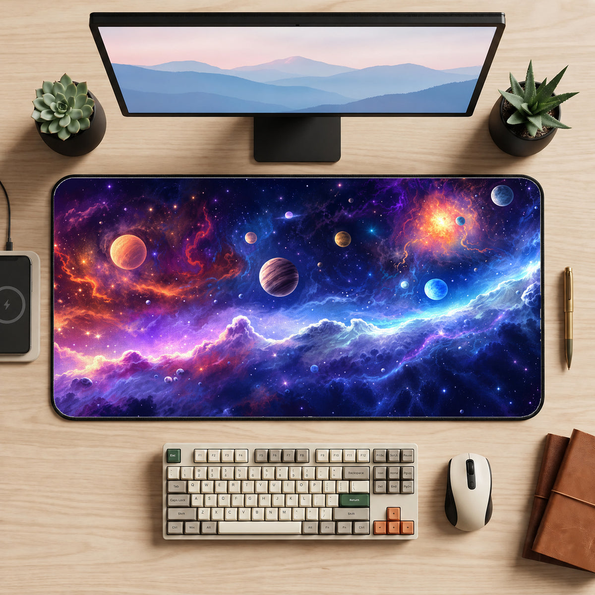 Colorful Cosmic Planets Desk Mat — product mockup 2