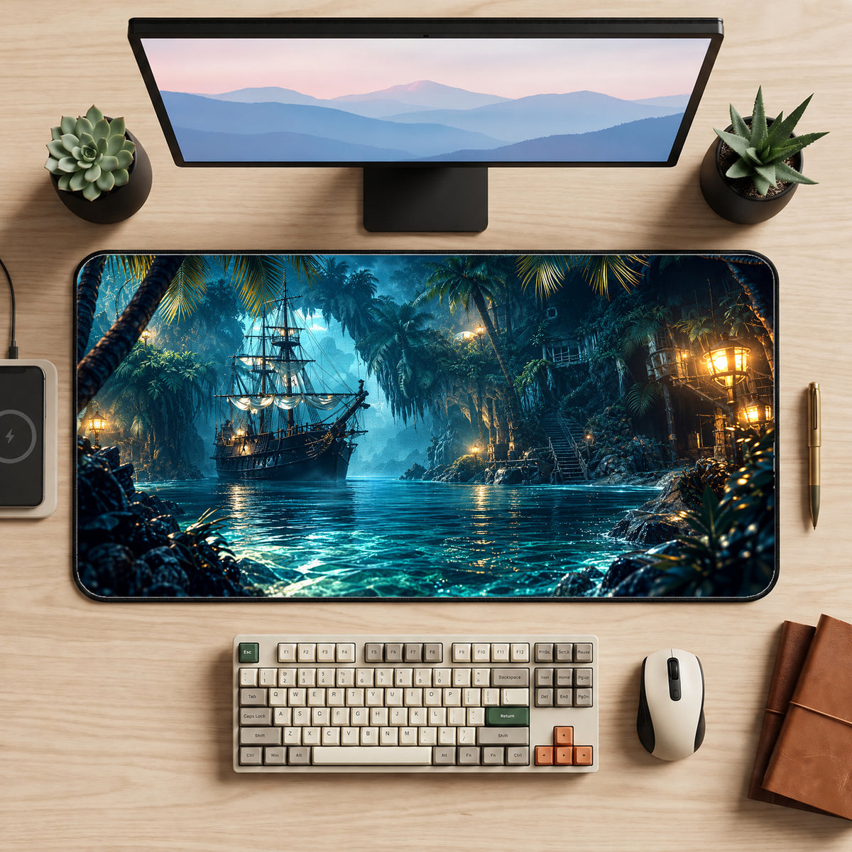 Pirate Ship in a Hidden Cove Desk Mat — product mockup 2