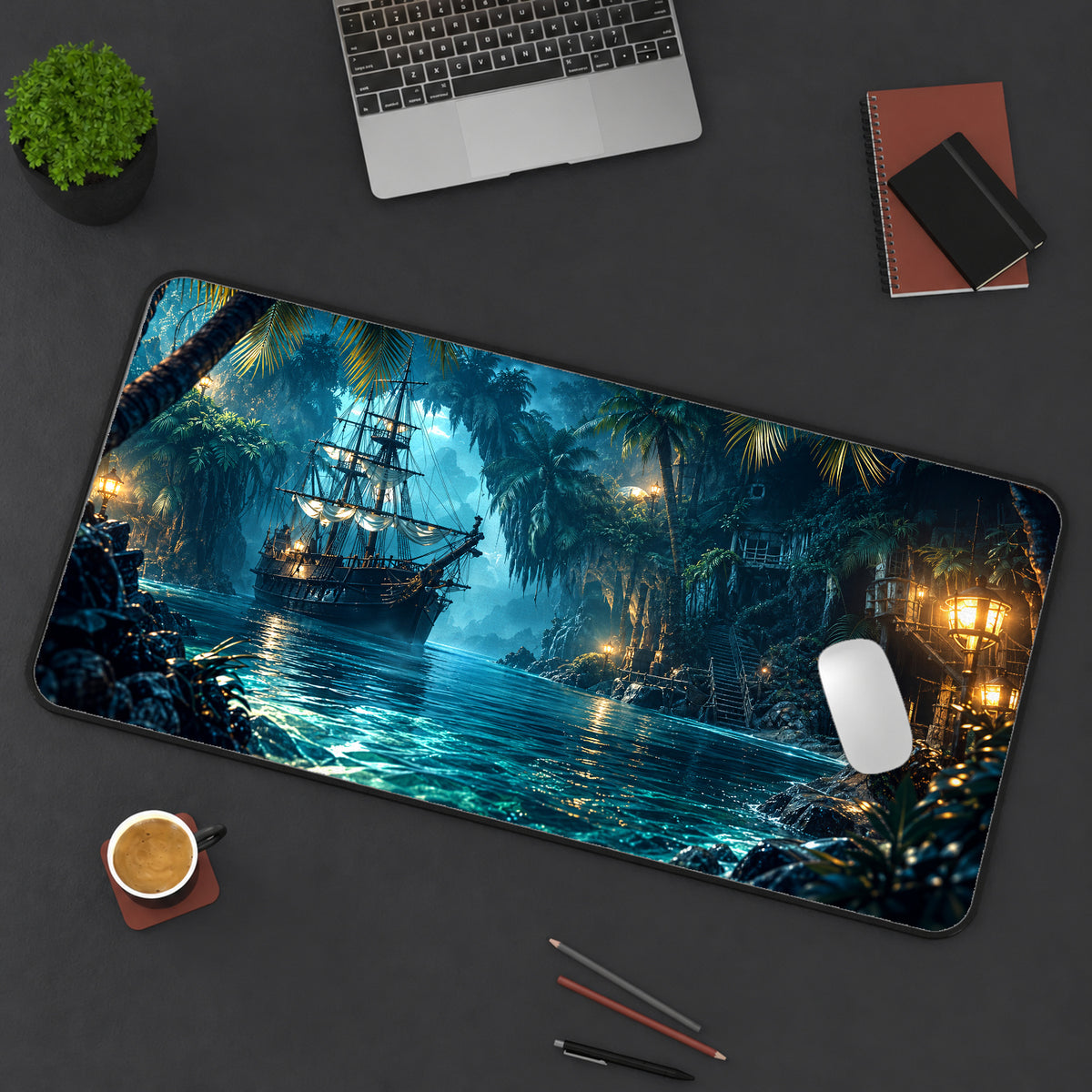 Pirate Ship in a Hidden Cove Desk Mat — product mockup 3