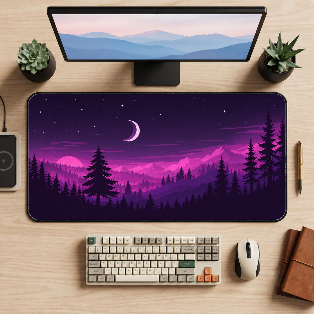 Purple Forest Crescent Moon Desk Mat — product mockup 2
